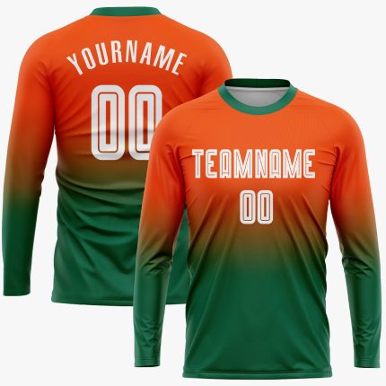 Custom Orange White Green Sublimation Long Sleeve Soccer Jersey - Fade Fashion Uniform Custom Orange White-Kelly Green Sublimation