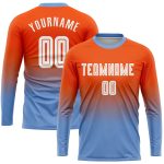 Custom Orange White Light Blue Fade Soccer Uniform Jersey Long Sleeve Sublimation Custom Orange White-Light Blue Sublimation