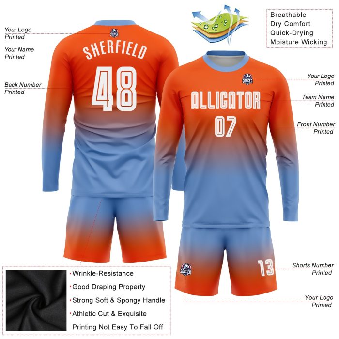 Custom Orange White Light Blue Fade Soccer Uniform Jersey Long Sleeve Sublimation Custom Orange White-Light Blue Sublimation - Image 3