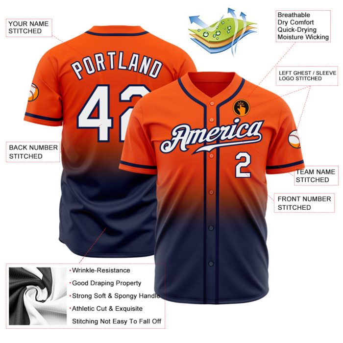 Orange Navy White Custom Fade Baseball Jersey - Authentic Fashion Style Custom Orange White-Navy Authentic Fade Fashion Baseball - Image 2