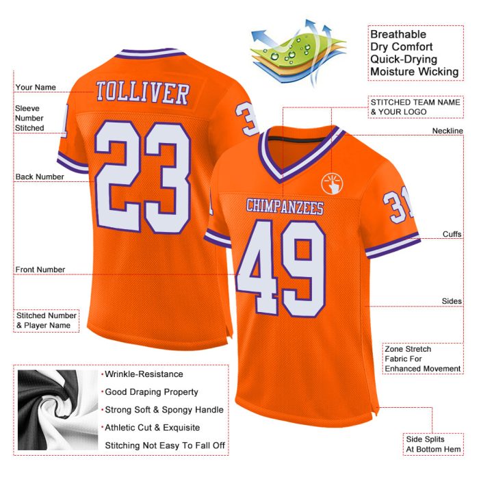Orange White Purple Custom Mesh Throwback Football Jersey - Authentic Fit Custom Orange White-Purple Mesh Authentic Throwback - Image 2
