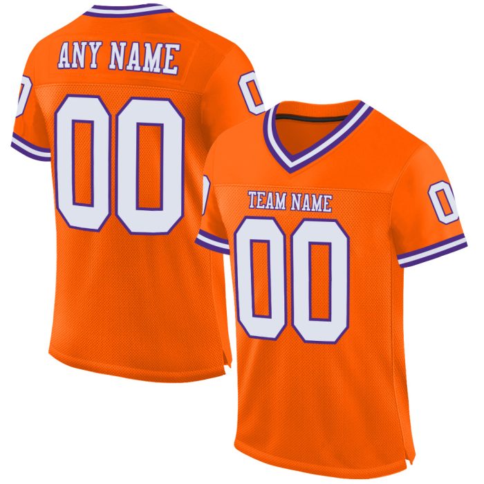 Orange White Purple Custom Mesh Throwback Football Jersey - Authentic Fit Custom Orange White-Purple Mesh Authentic Throwback - Image 1