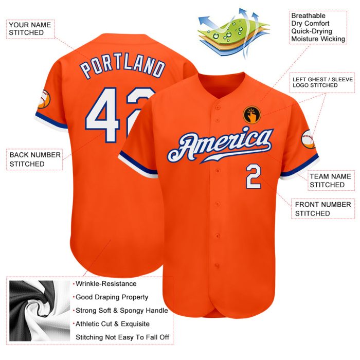 Custom Orange and White Baseball Jersey - Royal Authentic Design Custom Orange White-Royal Authentic Baseball Jersey - Image 3
