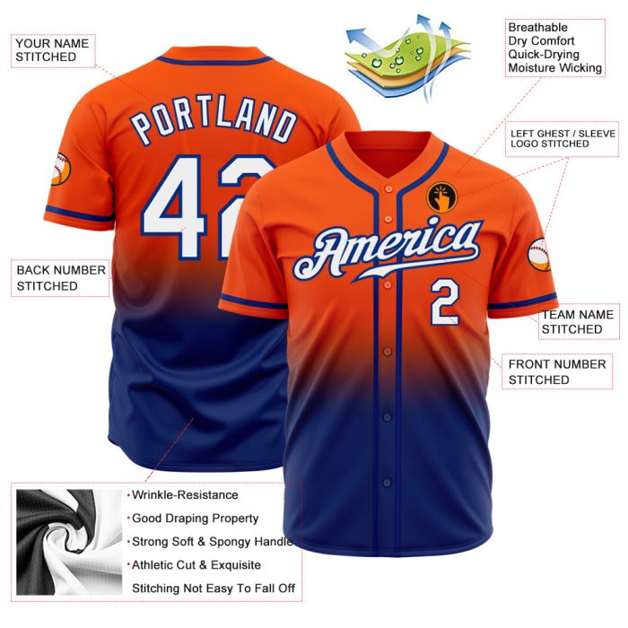 Custom Orange White-Royal Authentic Fade Fashion Baseball Jersey for Men and Women Custom Orange White-Royal Authentic Fade - Image 2