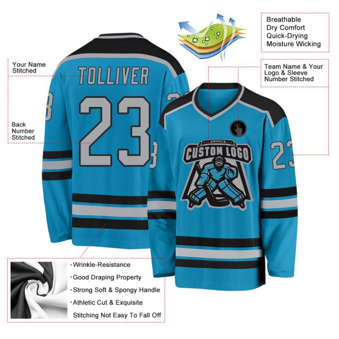 Custom Panther Blue Gray Black Hockey Jersey - Personalized Hockey Apparel Custom Panther Blue Gray-Black Hockey Jersey - Image 3