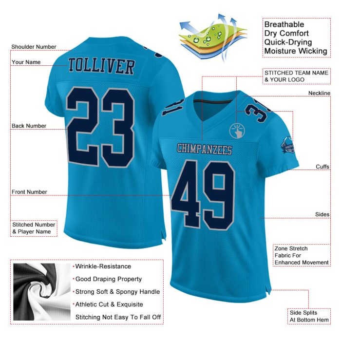 Panther Blue Navy Gray Custom Authentic Football Jersey Mesh Design Custom Panther Blue Navy-Gray Mesh Authentic Football - Image 2