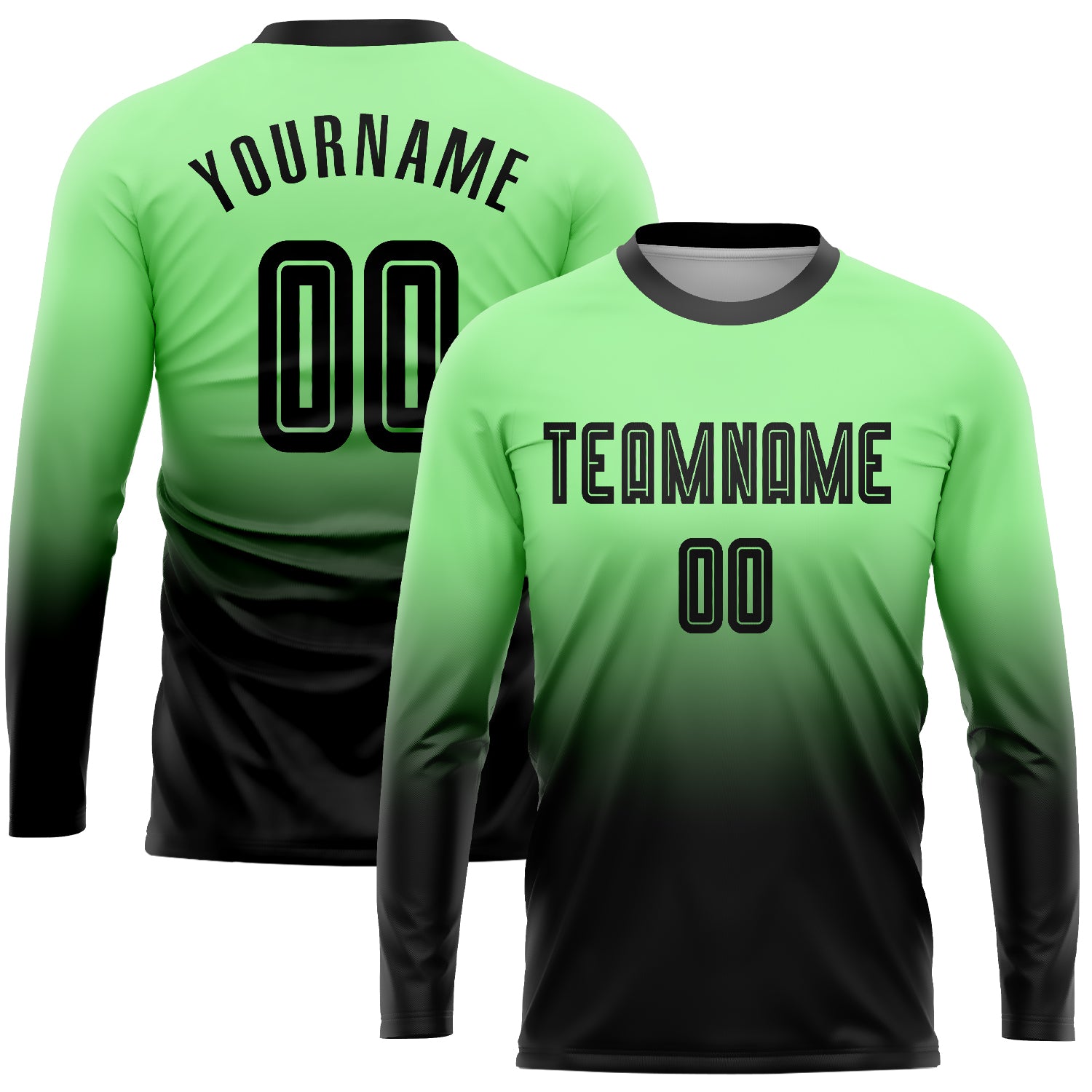 Custom Pea Green Black Soccer Jersey Long Sleeve Fade Fashion Sublimation Uniform Custom Pea Green Black Sublimation Long