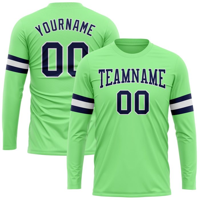 Custom Pea Green Long Sleeve Performance T-Shirt - Navy White Athletic Tee Custom Pea Green Navy-White Long Sleeve Performance - Image 1