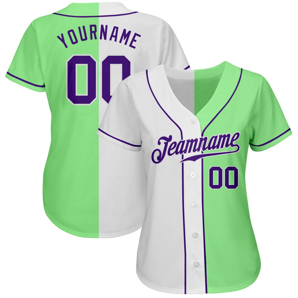 Custom Pea Green Purple-White Authentic Split Fashion Baseball Jersey Custom Split Fashion Baseball Jersey in Pea Green, Purple & White - Authentic Design Custom Pea Green Purple-White Authentic - Image 2