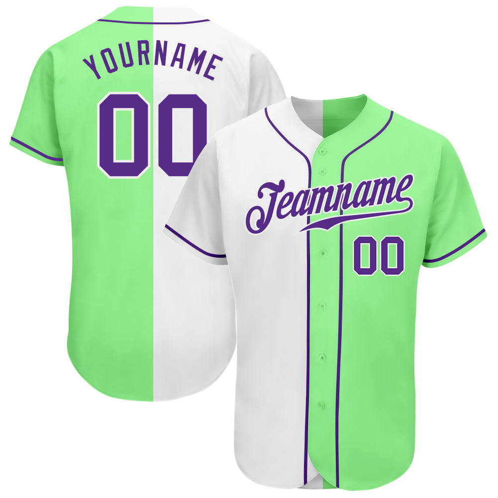 Custom Pea Green Purple-White Authentic Split Fashion Baseball Jersey Custom Split Fashion Baseball Jersey in Pea Green, Purple & White - Authentic Design Custom Pea Green Purple-White Authentic - Image 1