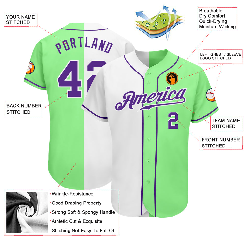 Custom Pea Green Purple-White Authentic Split Fashion Baseball Jersey Custom Split Fashion Baseball Jersey in Pea Green, Purple & White - Authentic Design Custom Pea Green Purple-White Authentic - Image 3