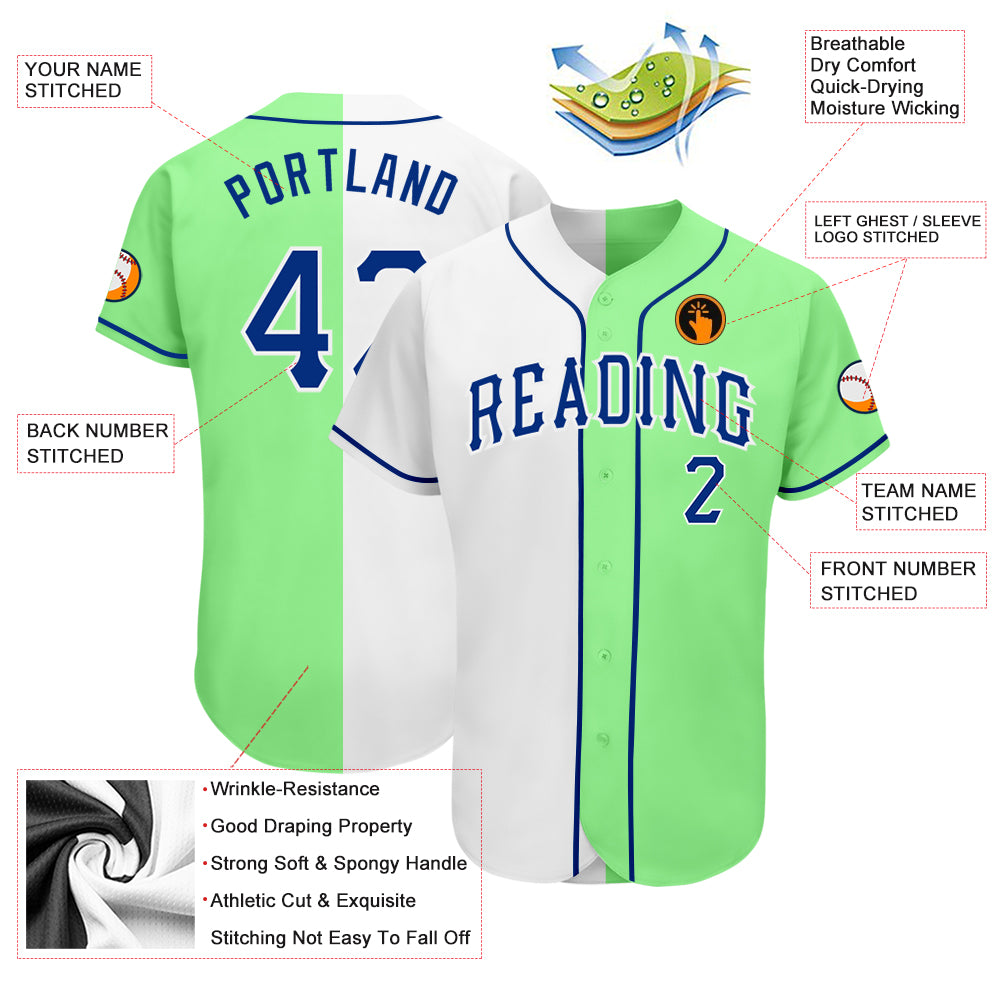 Custom Pea Green Royal-White Authentic Split Fashion Baseball Jersey Style 8110 Pea Green Authentic Baseball Jersey Custom Royal-White Split Style 8110 Custom Pea Green Royal-White Authentic Split Fashion - Image 3