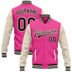 Custom Pink Black Cream Varsity Letterman Bomber Jacket Full Snap Two Tone Design Custom Pink Black-Cream Bomber Full-Snap