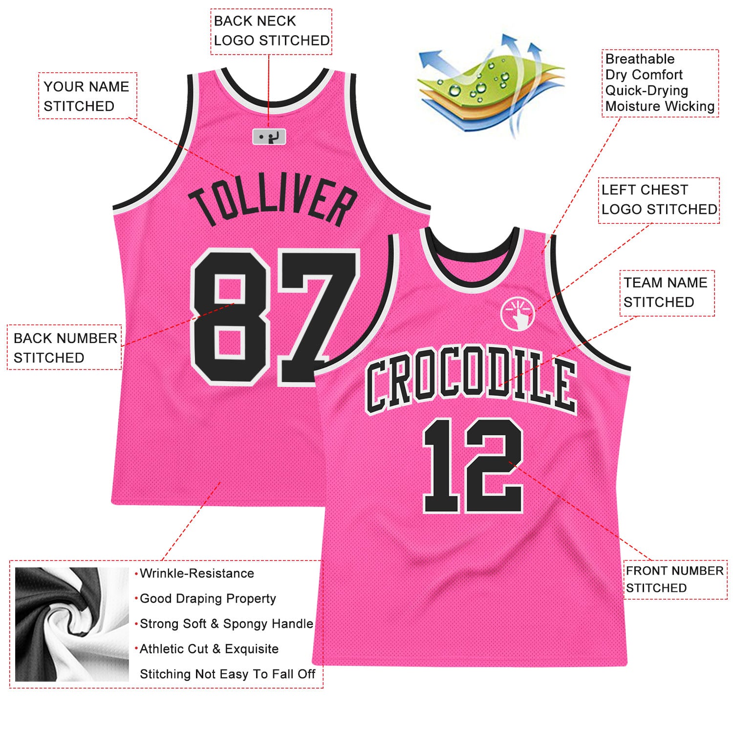 Custom Pink Black-White Authentic Throwback Basketball Jersey Custom Basketball Jersey Pink Black White Authentic Throwback Design Custom Pink Black-White Authentic Throwback Basketball - Image 2