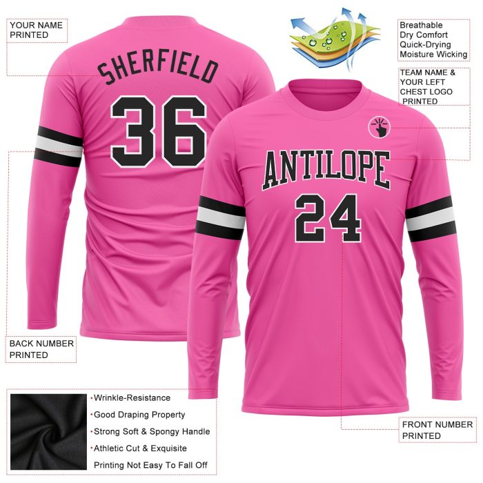 Custom Long Sleeve Performance T-Shirt in Pink Black and White Custom Pink Black-White Long Sleeve Performance T-Shirt - Image 3