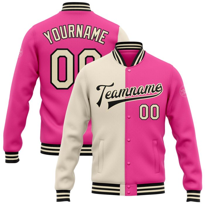 Custom Pink Cream Black Varsity Jacket Bomber Full-Snap Fashion Letterman Split Custom Pink Cream-Black Bomber Full-Snap - Image 1