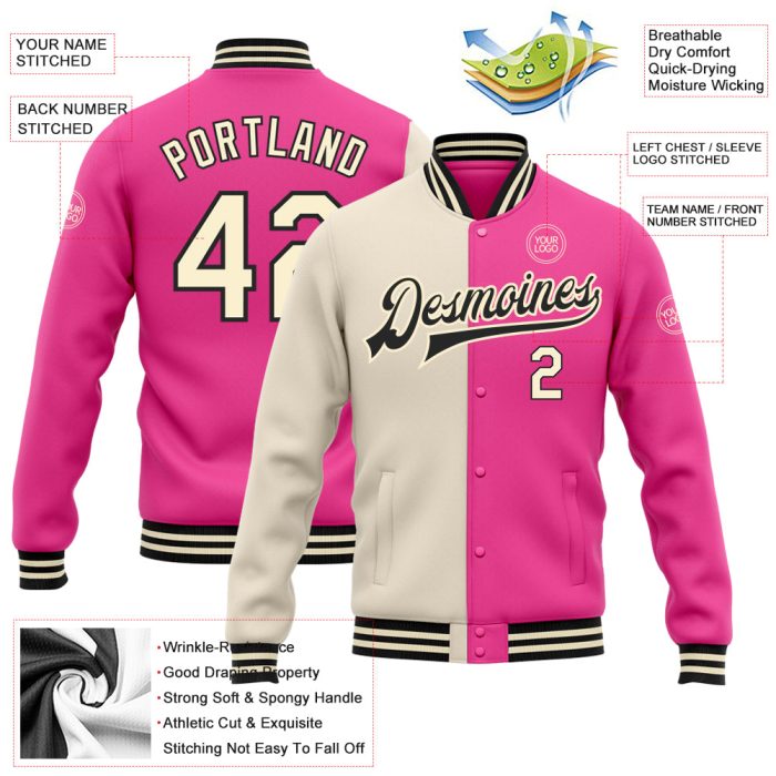 Custom Pink Cream Black Varsity Jacket Bomber Full-Snap Fashion Letterman Split Custom Pink Cream-Black Bomber Full-Snap - Image 3