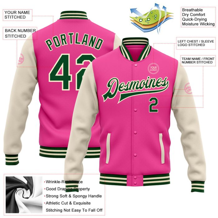 Custom Pink Green Cream Two-Tone Varsity Letterman Bomber Jacket Full Snap Custom Pink Green-Cream Bomber Full-Snap Varsity - Image 3
