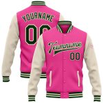 Custom Pink Green Cream Two-Tone Varsity Letterman Bomber Jacket Full Snap Custom Pink Green-Cream Bomber Full-Snap Varsity
