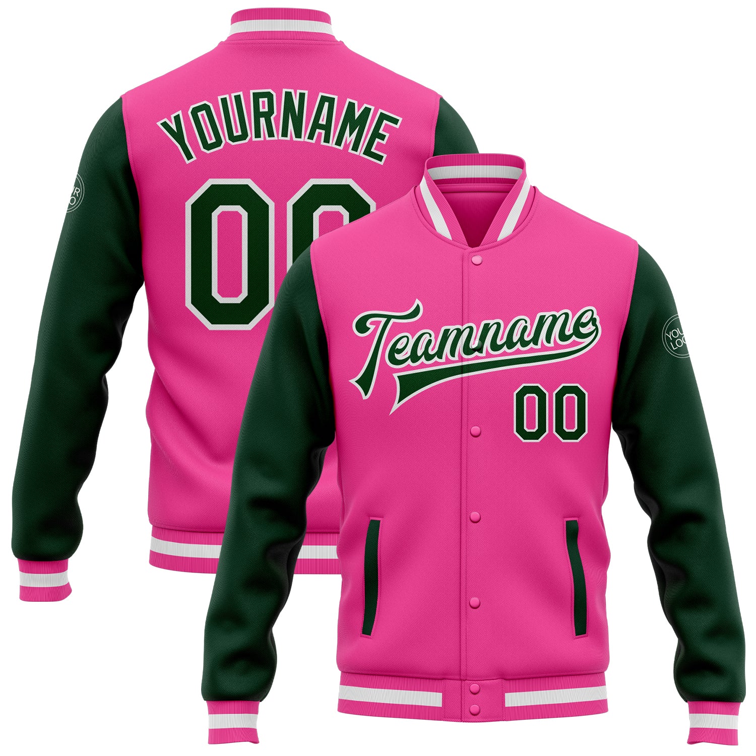 Custom Varsity Letterman Jacket Two Tone Pink Green White Full Snap Bomber Custom Pink Green-White Bomber Full-Snap Varsity