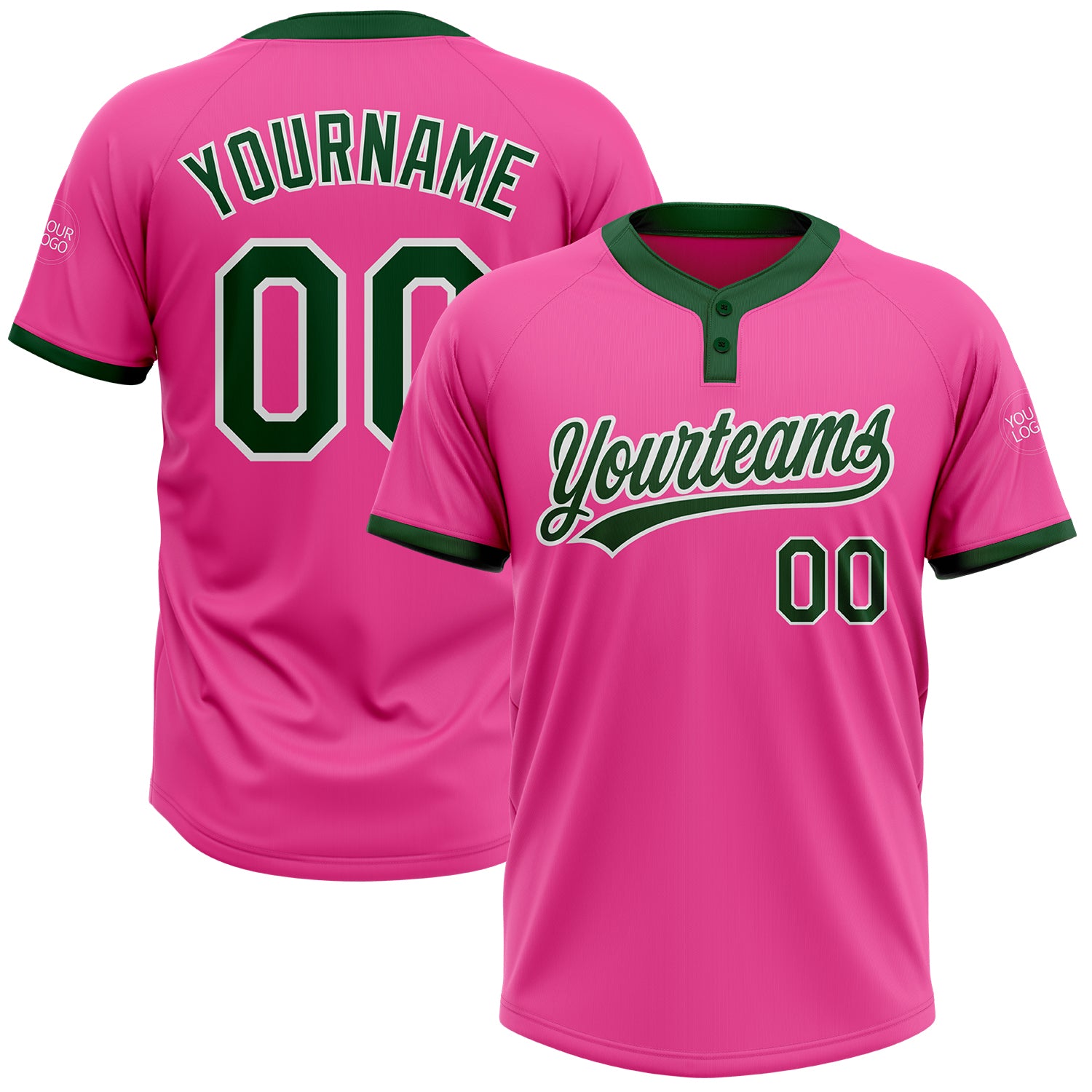 Custom Softball Jersey Unisex Pink Green-White Two-Button Design, Soft Fabric Custom Pink Green-White Two-Button Unisex Softball