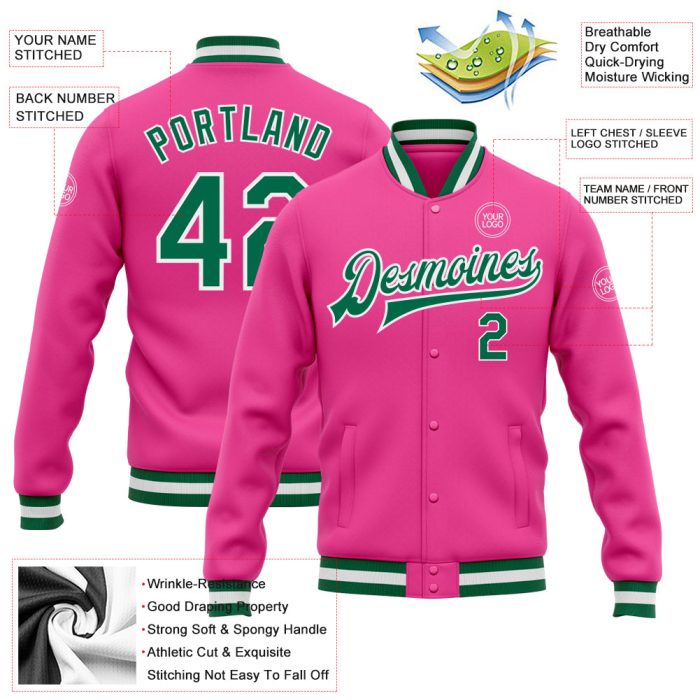 Custom Pink Green White Varsity Letterman Bomber Jacket Full-Snap Design Custom Pink Kelly Green-White Bomber Full-Snap Varsity - Image 3