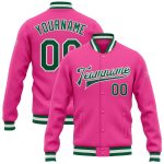 Custom Pink Green White Varsity Letterman Bomber Jacket Full-Snap Design Custom Pink Kelly Green-White Bomber Full-Snap Varsity