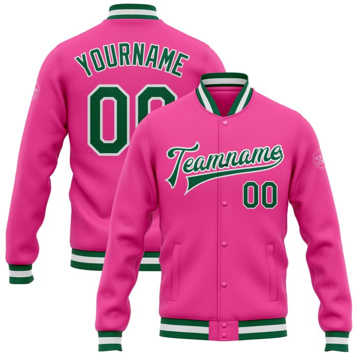 Custom Pink Green White Varsity Letterman Bomber Jacket Full-Snap Design Custom Pink Kelly Green-White Bomber Full-Snap Varsity - Image 1
