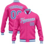 Custom Varsity Letterman Jacket Pink Blue White Full-Snap Bomber Custom Pink Light Blue-White Bomber Full-Snap Varsity Letterman