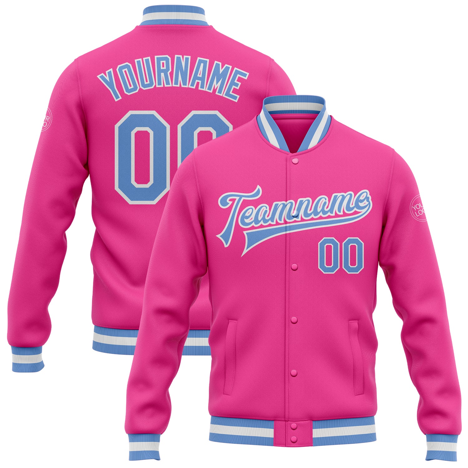 Custom Varsity Letterman Jacket Pink Blue White Full-Snap Bomber Custom Pink Light Blue-White Bomber Full-Snap Varsity Letterman