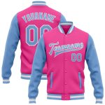 Custom Two Tone Pink Light Blue White Varsity Letterman Bomber Full-Snap Jacket Custom Pink Light Blue-White Bomber Full-Snap