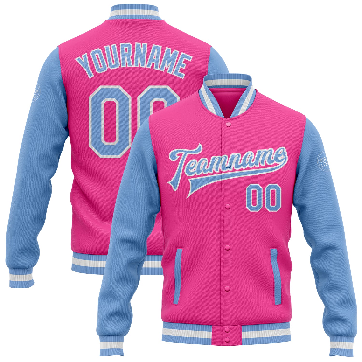 Custom Two Tone Pink Light Blue White Varsity Letterman Bomber Full-Snap Jacket Custom Pink Light Blue-White Bomber Full-Snap