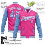 Custom Two Tone Pink Light Blue White Varsity Letterman Bomber Full-Snap Jacket Custom Pink Light Blue-White Bomber Full-Snap - Image 3