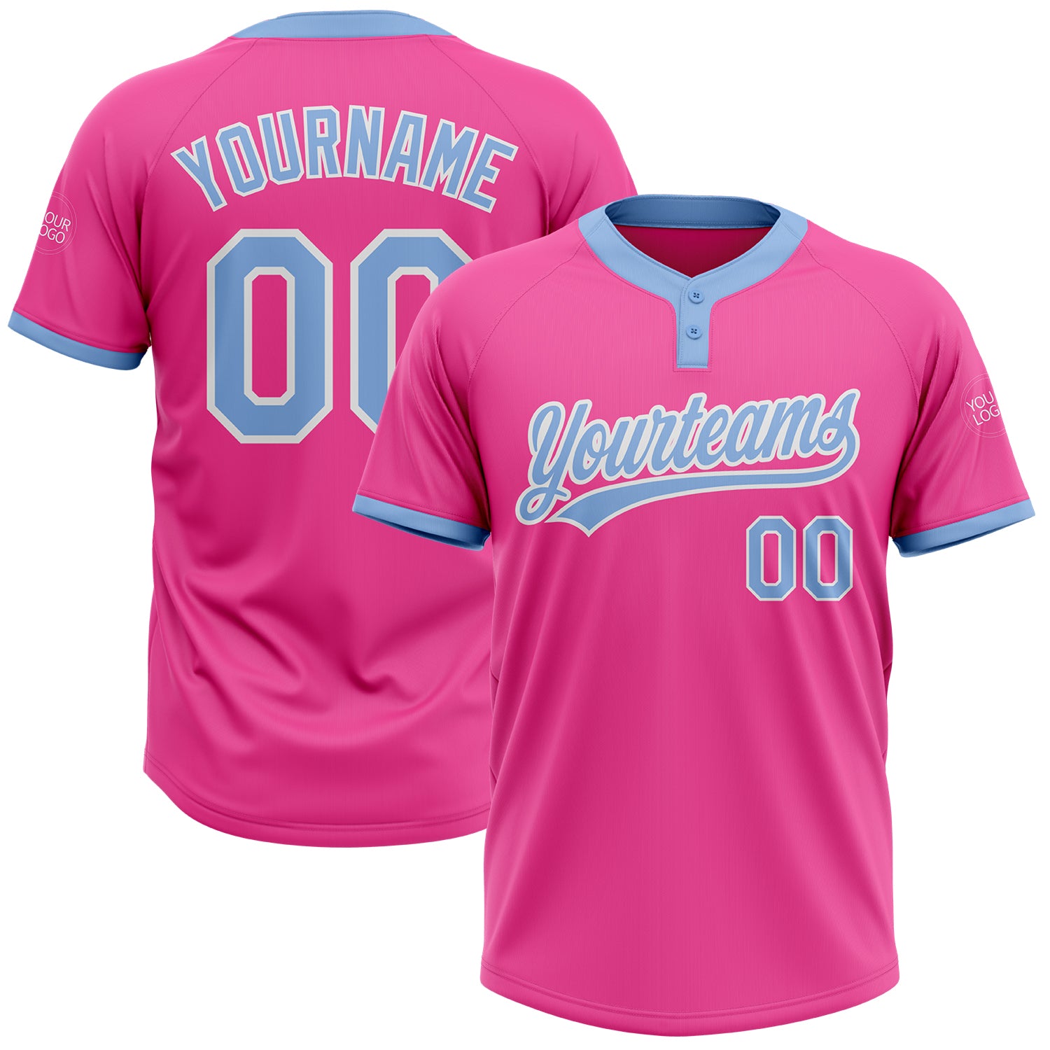 Custom Unisex Softball Jersey - Pink Light Blue-White Two-Button Style 5042 Custom Pink Light Blue-White Two-Button Unisex