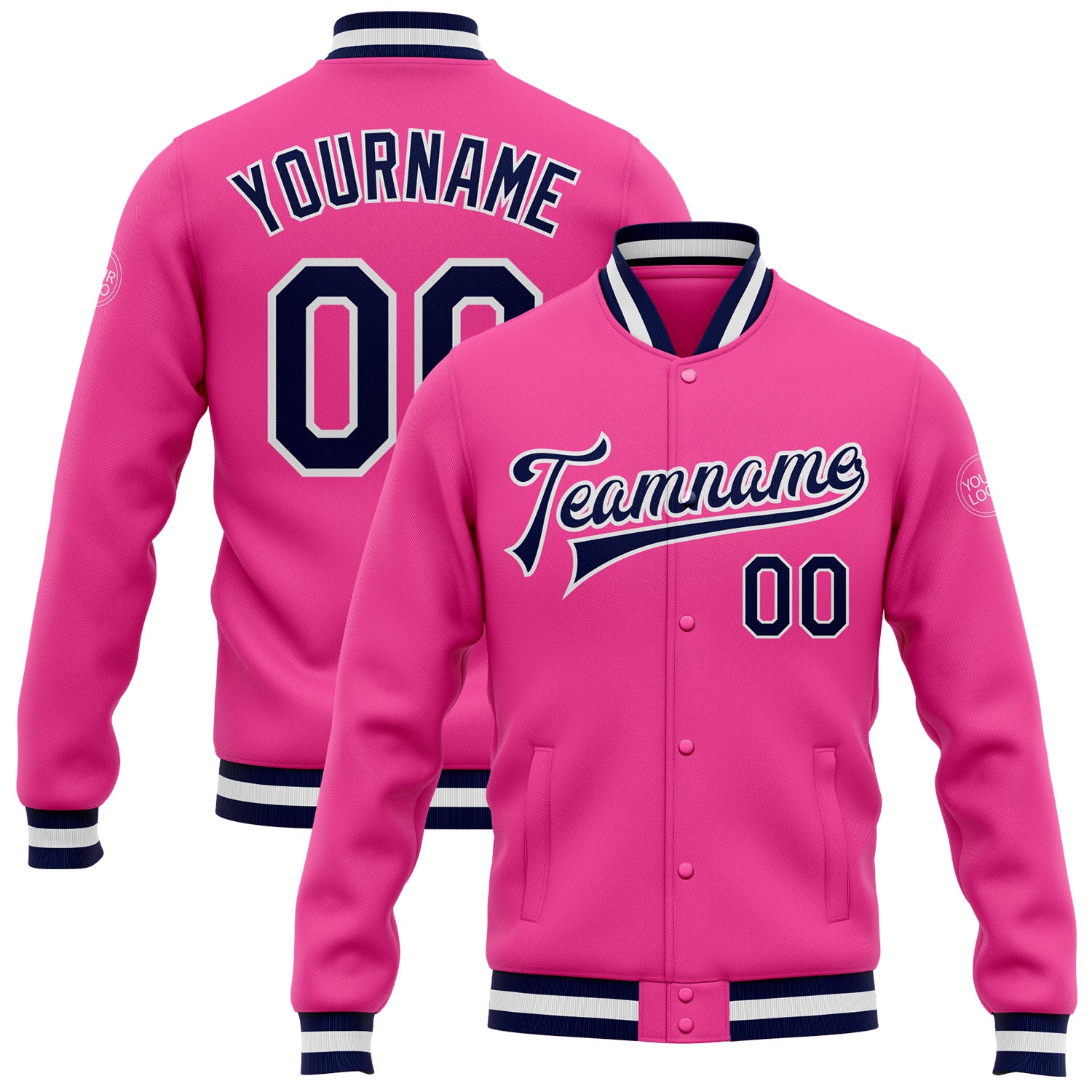 Custom Pink Navy White Bomber Varsity Letterman Jacket Full-Snap Design for Men and Women Custom Pink Navy-White Bomber Full-Snap