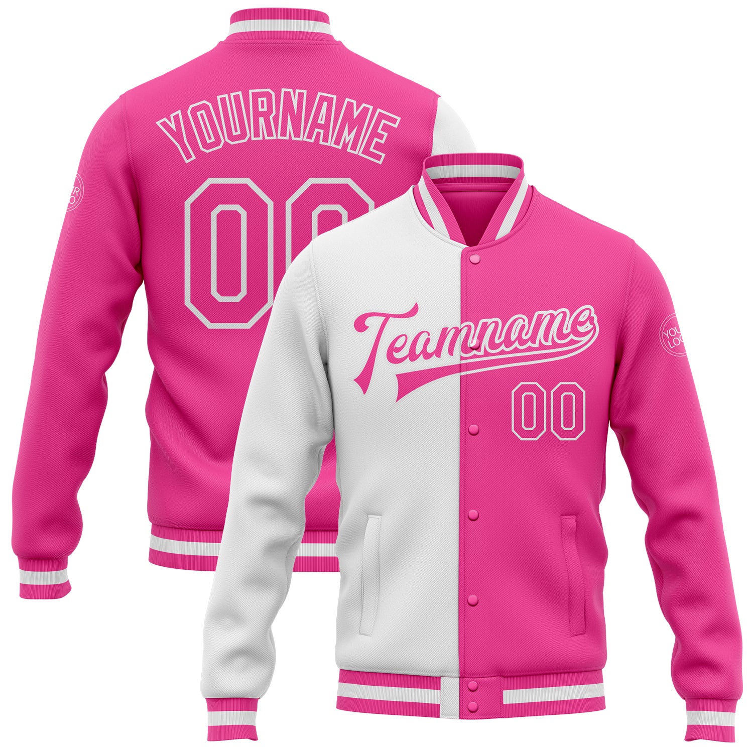 Custom Pink White Bomber Jacket for Women - Full-Snap Varsity Letterman Fashion Jacket Custom Pink Pink-White Bomber Full-Snap