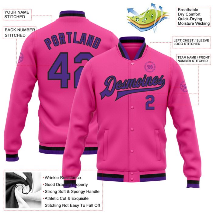 Pink Purple Black Custom Varsity Letterman Bomber Jacket Full-Snap Custom Pink Purple-Black Bomber Full-Snap Varsity Letterman - Image 3