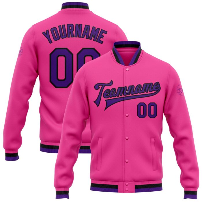 Pink Purple Black Custom Varsity Letterman Bomber Jacket Full-Snap Custom Pink Purple-Black Bomber Full-Snap Varsity Letterman - Image 1