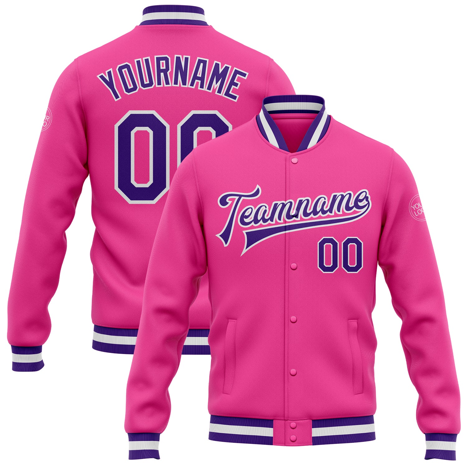 Custom Bomber Jacket Pink Purple White Varsity Full-Snap Letterman Custom Pink Purple-White Bomber Full-Snap Varsity Letterman