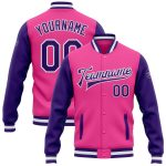 Custom Pink Purple Varsity Letterman Bomber Jacket Full-Snap Two Tone Custom Pink Purple-White Bomber Full-Snap Varsity Letterman