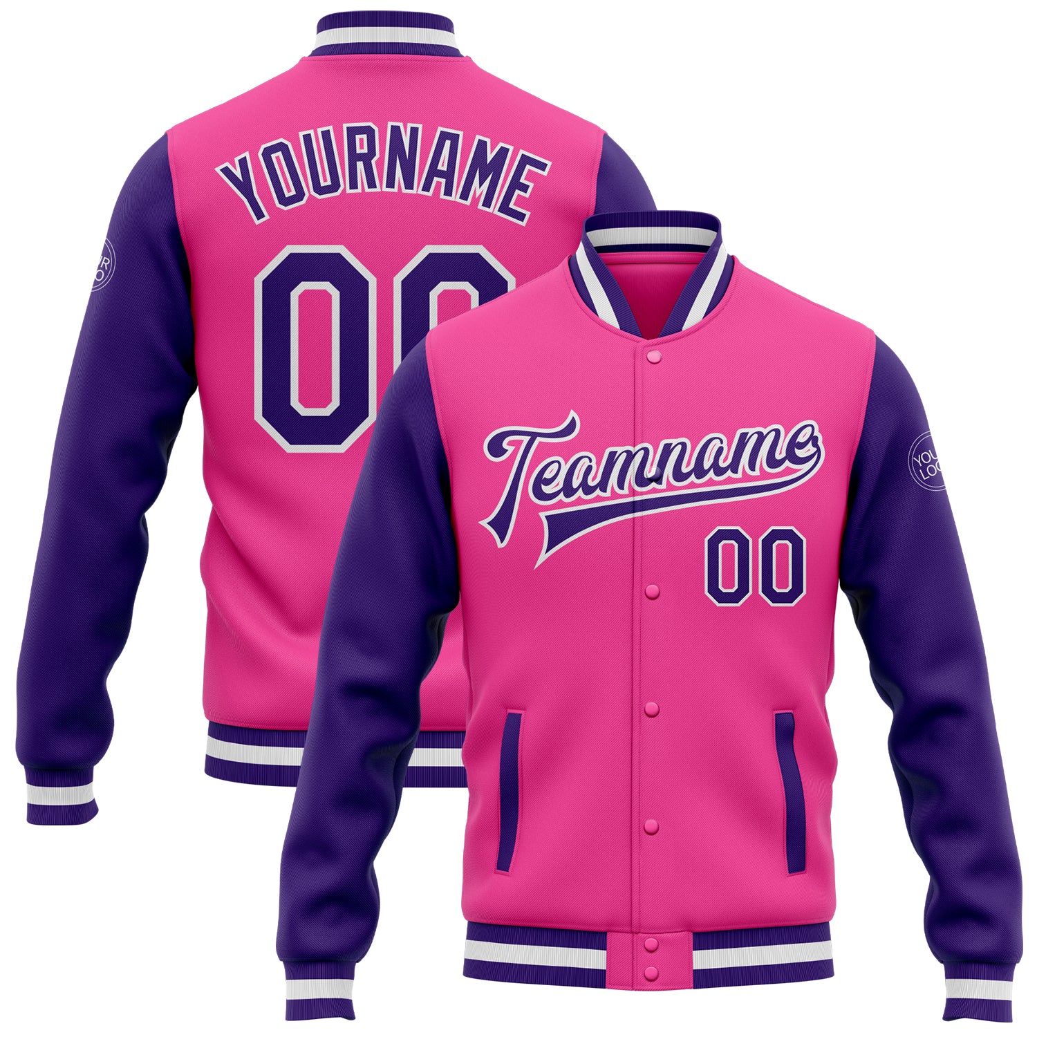 Custom Pink Purple Varsity Letterman Bomber Jacket Full-Snap Two Tone Custom Pink Purple-White Bomber Full-Snap Varsity Letterman