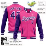 Custom Pink Purple Varsity Letterman Bomber Jacket Full-Snap Two Tone Custom Pink Purple-White Bomber Full-Snap Varsity Letterman - Image 3
