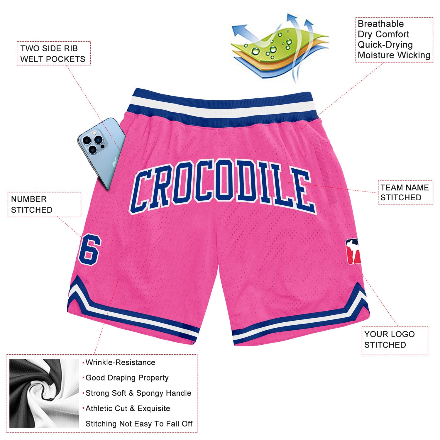 Custom Pink Royal-White Authentic Throwback Basketball Shorts Custom Pink Throwback Basketball Shorts Authentic Royal-White Design Custom Pink Royal-White Authentic Throwback Basketball - Image 2