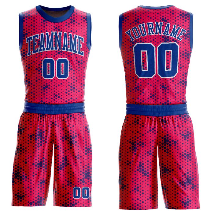 Custom Pink Basketball Jersey Round Neck Sublimation Suit - Royal White Custom Pink Royal-White Round Neck Sublimation Basketball - Image 1