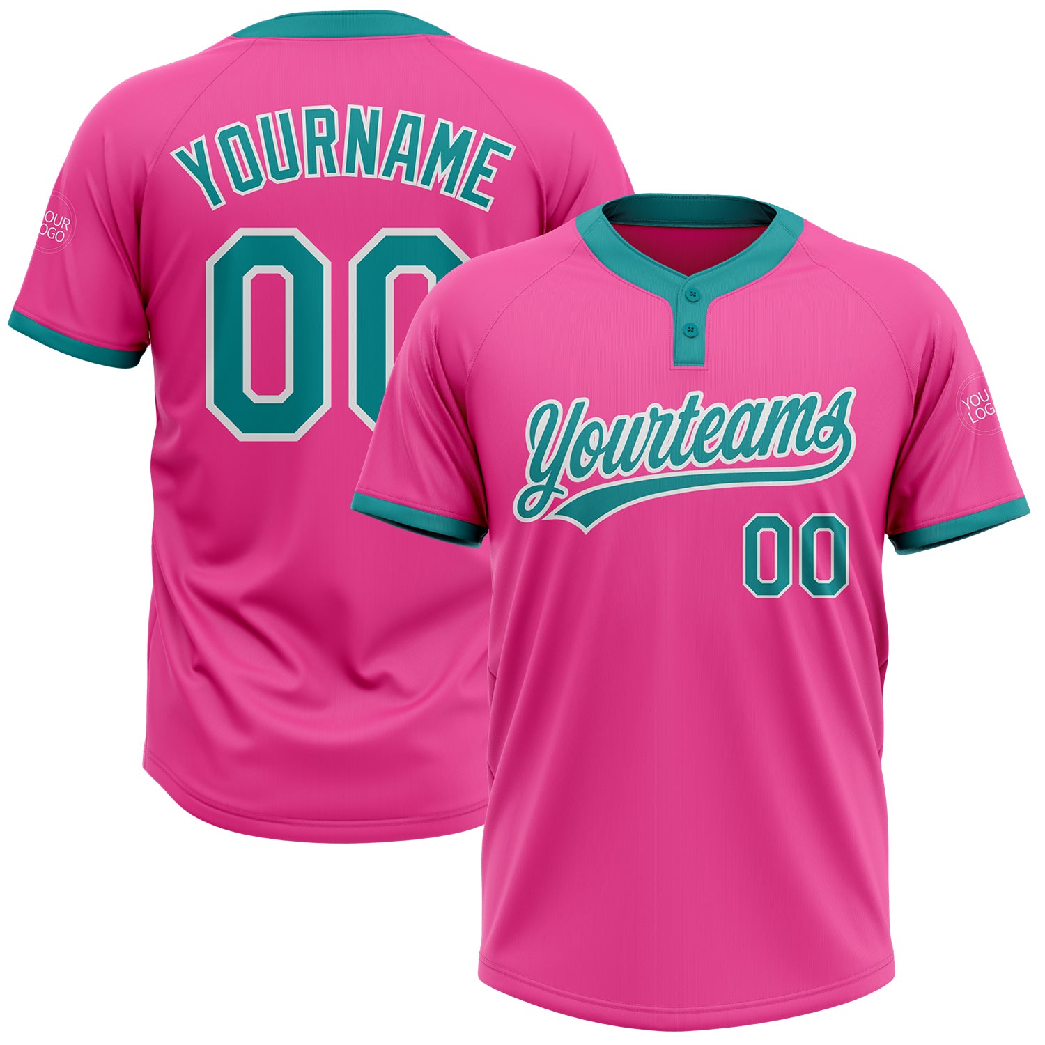 Custom Pink Teal White Softball Jersey Unisex Two-Button Design, Soft and Comfortable Custom Pink Teal-White Two-Button Unisex