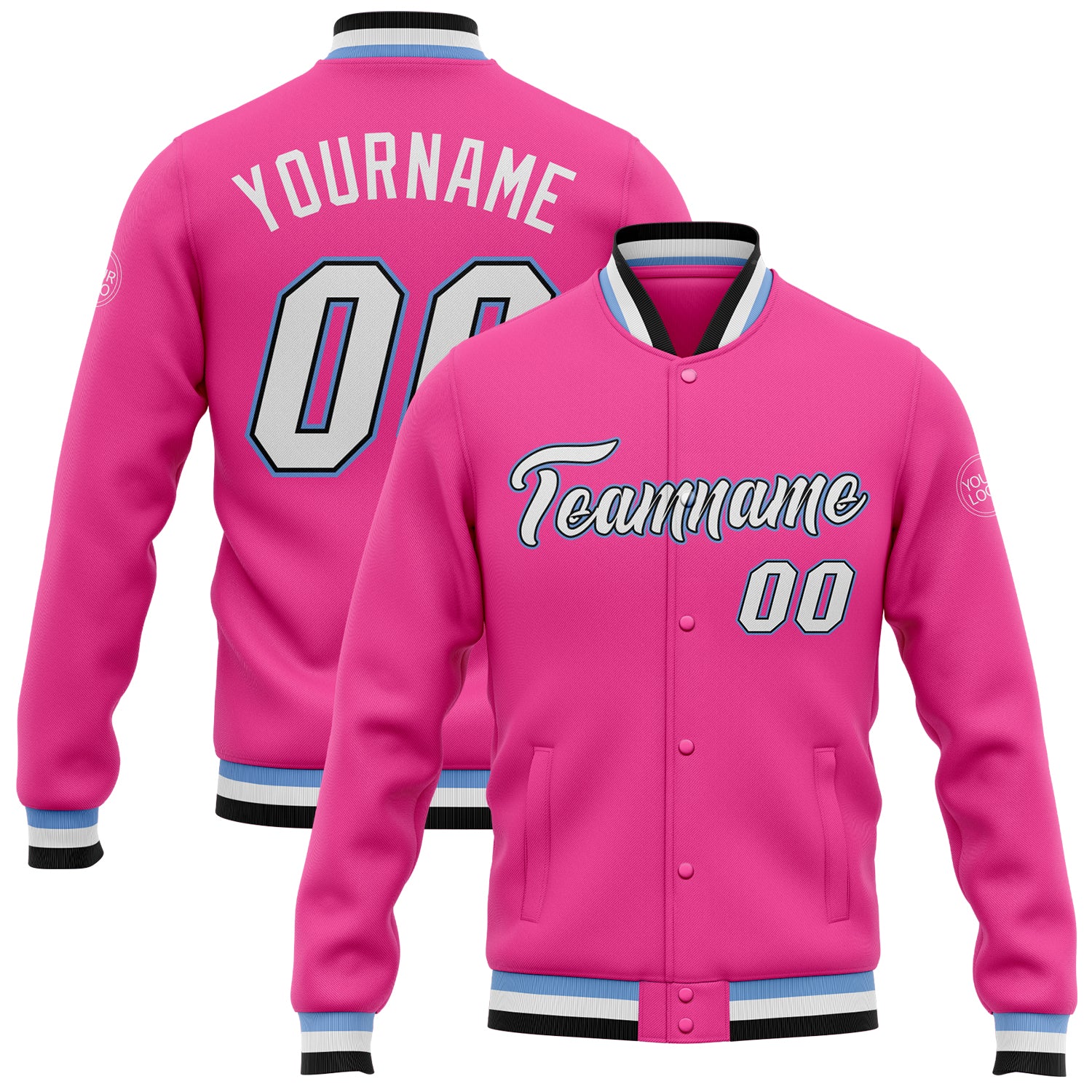 Custom Varsity Letterman Jacket - Pink Black White Light Blue Full-Snap Bomber Custom Pink White Black-Light Blue Bomber