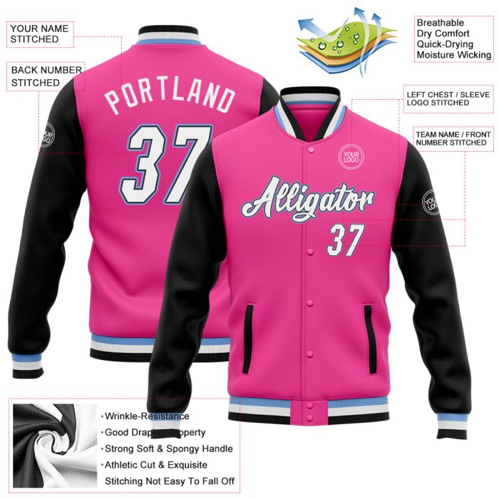 Custom Bomber Jacket Pink White Black Light Blue Full-Snap Two Tone Varsity Letterman Custom Pink White Black-Light Blue - Image 3