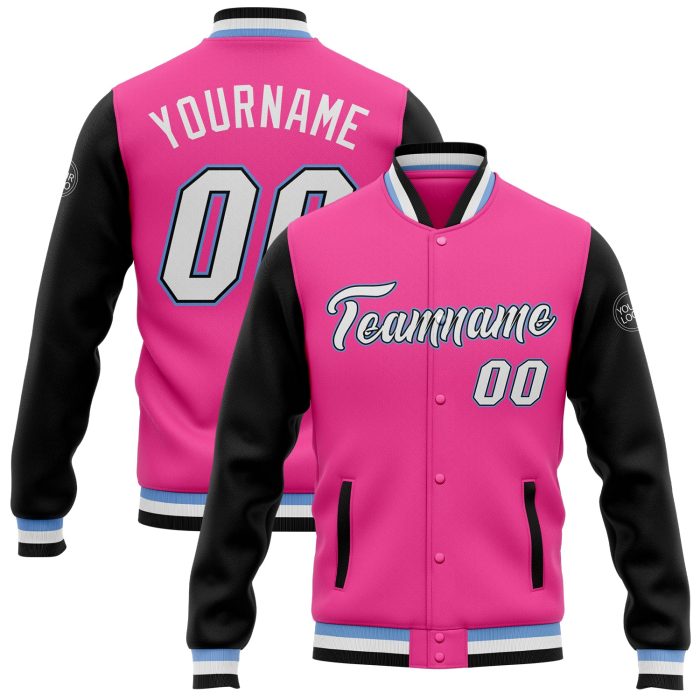 Custom Bomber Jacket Pink White Black Light Blue Full-Snap Two Tone Varsity Letterman Custom Pink White Black-Light Blue - Image 1
