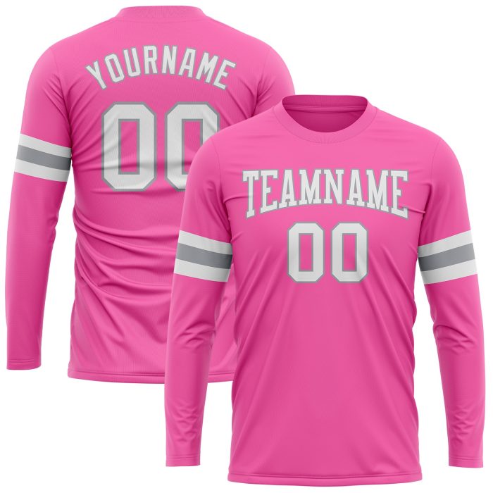 Custom Long Sleeve Performance T-Shirt in Pink, White, and Gray for Women Custom Pink White-Gray Long Sleeve Performance - Image 1