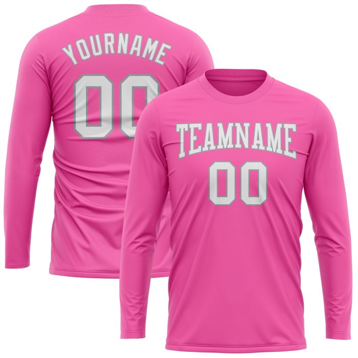 Custom Long Sleeve Performance T-Shirt in Pink, White, and Gray for Women Custom Pink White-Gray Long Sleeve Performance - Image 2